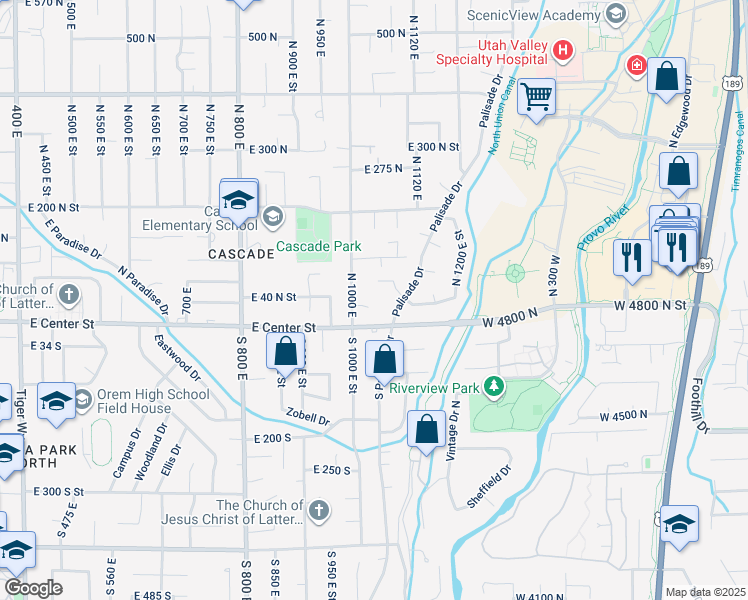 map of restaurants, bars, coffee shops, grocery stores, and more near 1030 East 20 in Orem