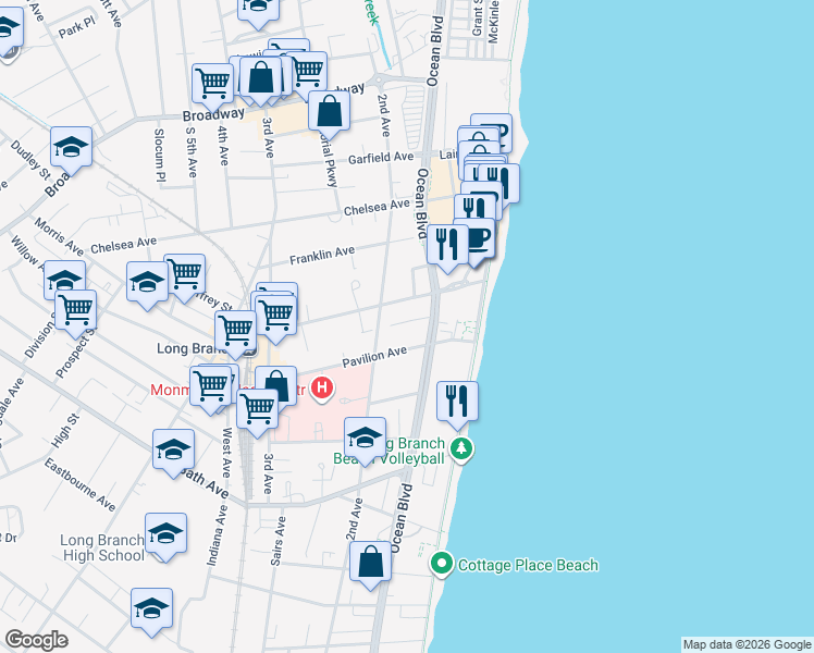 map of restaurants, bars, coffee shops, grocery stores, and more near 47 Pavilion Avenue in Long Branch