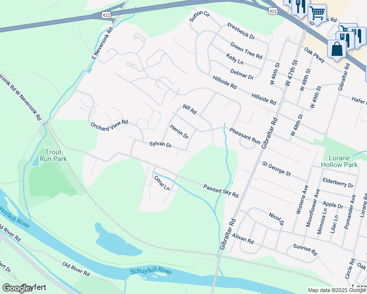 map of restaurants, bars, coffee shops, grocery stores, and more near 4415 Sylvan Drive in Reading