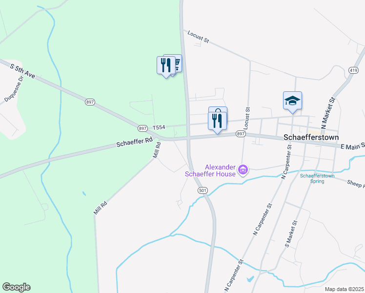 map of restaurants, bars, coffee shops, grocery stores, and more near 3013 Stiegel Pike in Myerstown