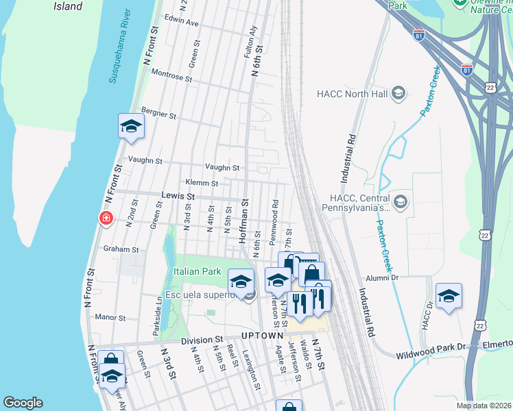 map of restaurants, bars, coffee shops, grocery stores, and more near 3131 Hoffman Street in Harrisburg