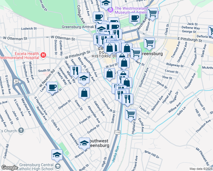 map of restaurants, bars, coffee shops, grocery stores, and more near 509 Westminster Avenue in Greensburg
