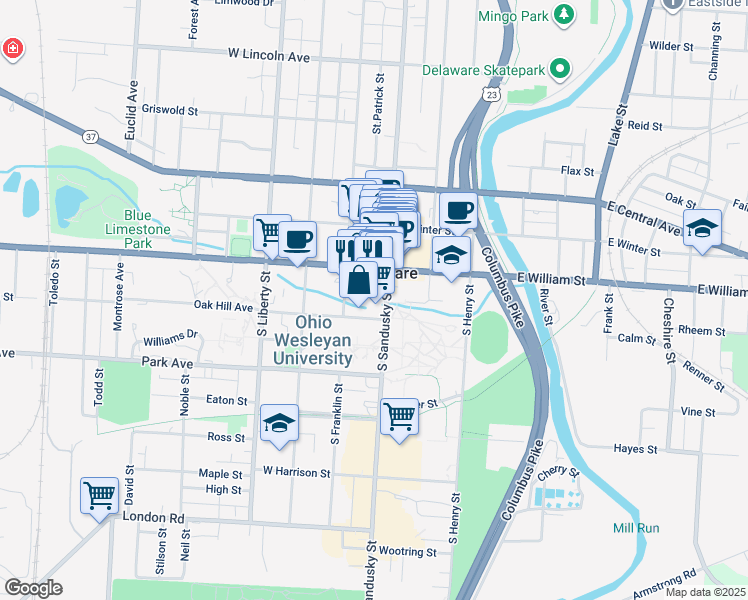 map of restaurants, bars, coffee shops, grocery stores, and more near 10 Spring Street in Delaware