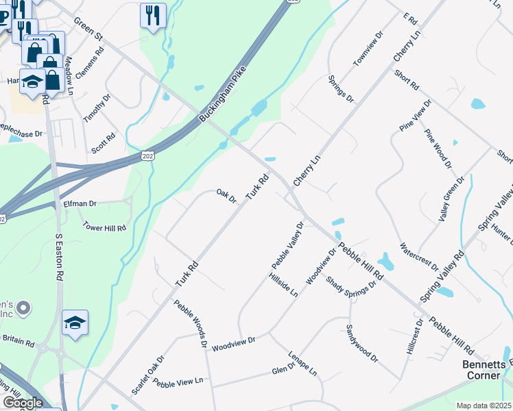 map of restaurants, bars, coffee shops, grocery stores, and more near 2387 Turk Road in Doylestown