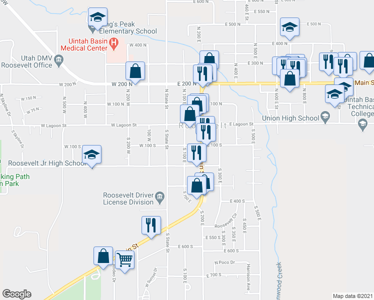 map of restaurants, bars, coffee shops, grocery stores, and more near 123 South 100 East in Roosevelt