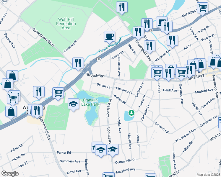 map of restaurants, bars, coffee shops, grocery stores, and more near 18 Locust Avenue in West Long Branch