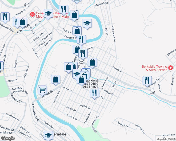 map of restaurants, bars, coffee shops, grocery stores, and more near 536 Grove Avenue in Johnstown