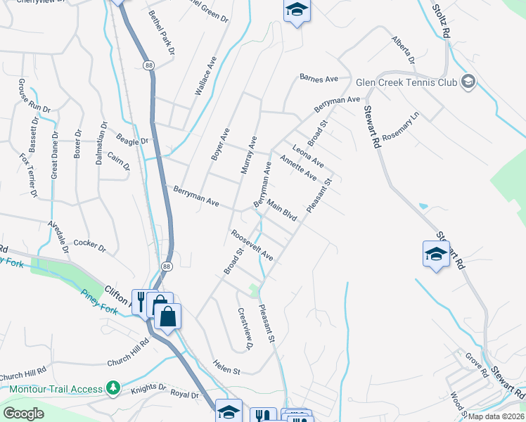 map of restaurants, bars, coffee shops, grocery stores, and more near 5943 Broad Street in South Park Township