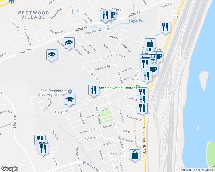 map of restaurants, bars, coffee shops, grocery stores, and more near 189 Ashford Drive in Enola