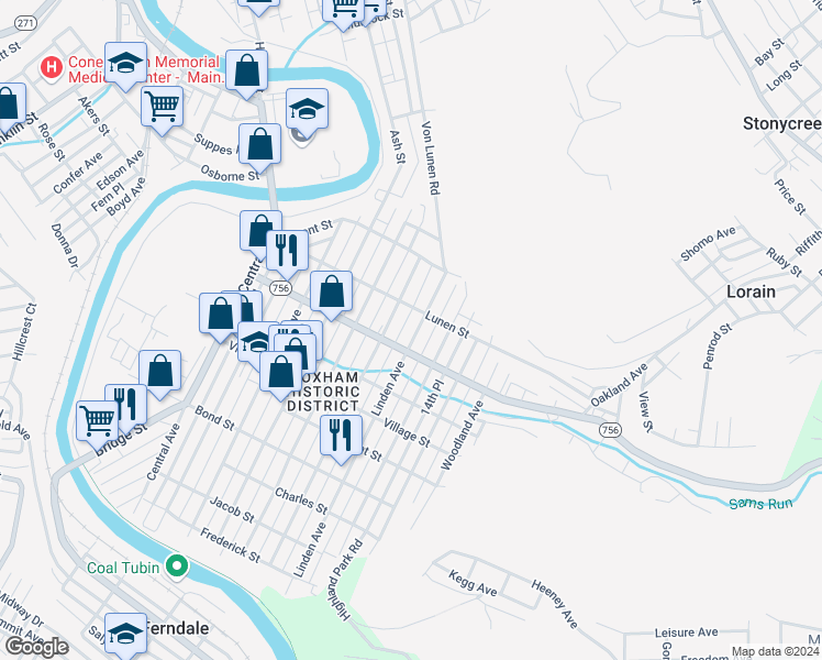 map of restaurants, bars, coffee shops, grocery stores, and more near 419 Linden Avenue in Johnstown