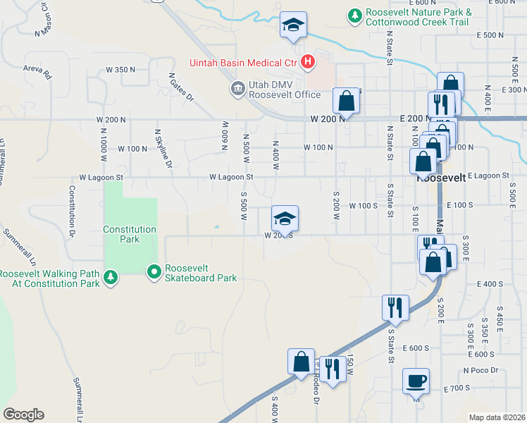 map of restaurants, bars, coffee shops, grocery stores, and more near 144 South Alta Street in Roosevelt