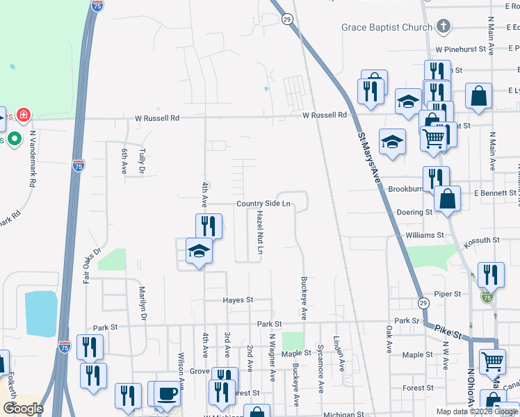 map of restaurants, bars, coffee shops, grocery stores, and more near 1219 Hazel Nut Ln in Sidney