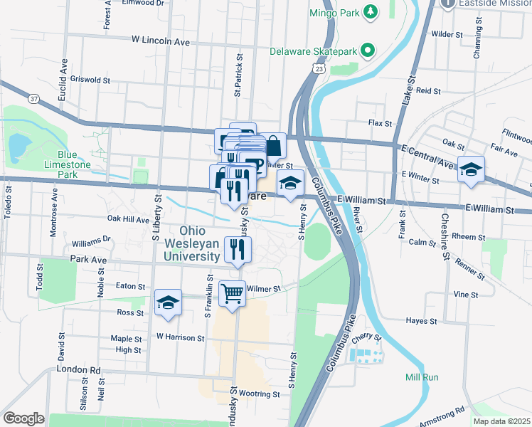 map of restaurants, bars, coffee shops, grocery stores, and more near 21 South Sandusky Street in Delaware