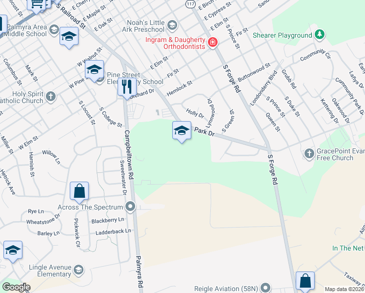 map of restaurants, bars, coffee shops, grocery stores, and more near 1125 Park Drive in Palmyra