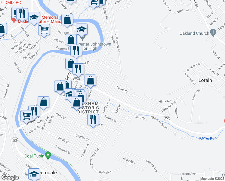 map of restaurants, bars, coffee shops, grocery stores, and more near 417 Linden Avenue in Johnstown