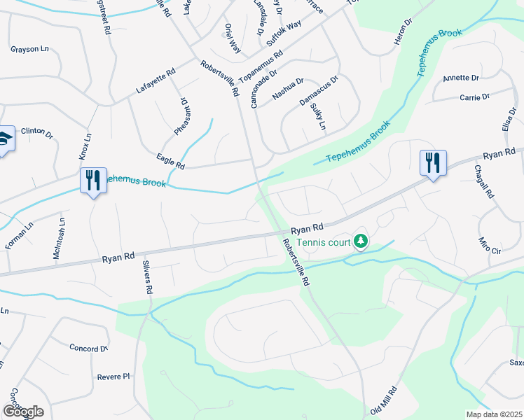 map of restaurants, bars, coffee shops, grocery stores, and more near 25 Whistler Way in Marlboro Township