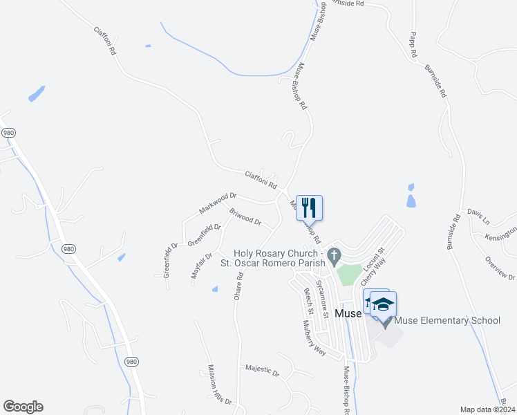 map of restaurants, bars, coffee shops, grocery stores, and more near 113 Markwood Drive in Canonsburg