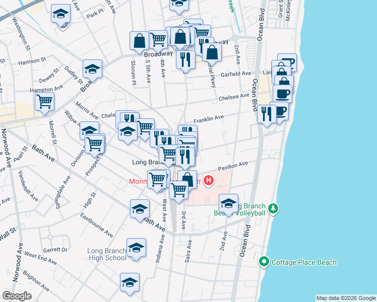 map of restaurants, bars, coffee shops, grocery stores, and more near 201 3rd Avenue in Long Branch