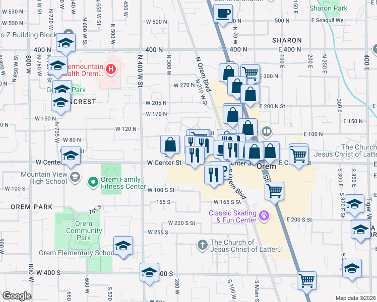map of restaurants, bars, coffee shops, grocery stores, and more near 10 Garden Park in Orem