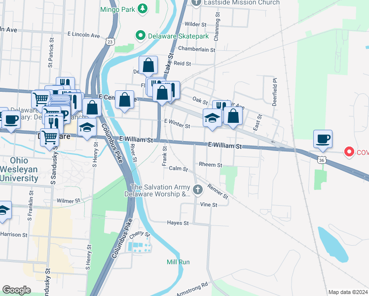 map of restaurants, bars, coffee shops, grocery stores, and more near 224 East William Street in Delaware