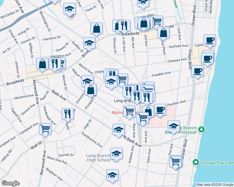 map of restaurants, bars, coffee shops, grocery stores, and more near 296 Willow Avenue in Long Branch