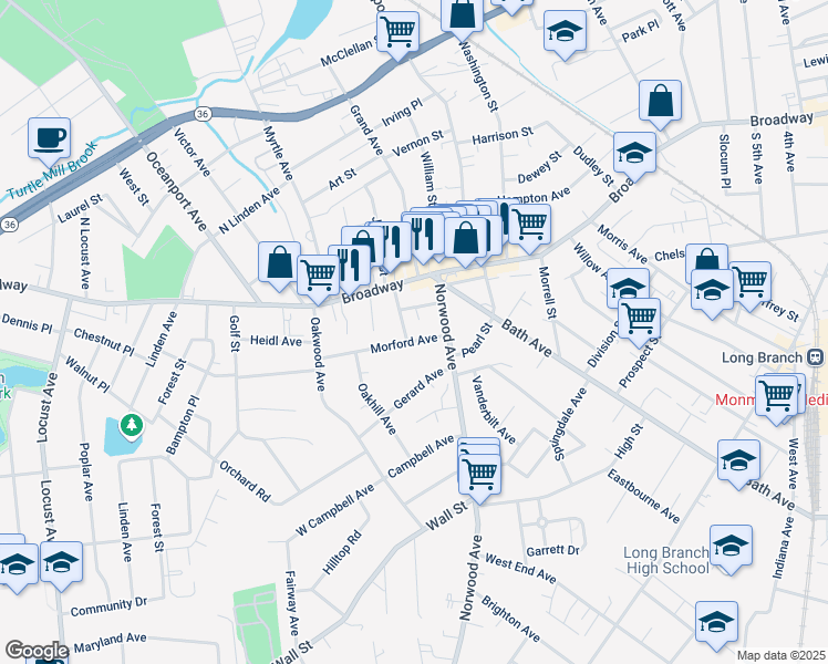 map of restaurants, bars, coffee shops, grocery stores, and more near 630 Morford Avenue in Long Branch
