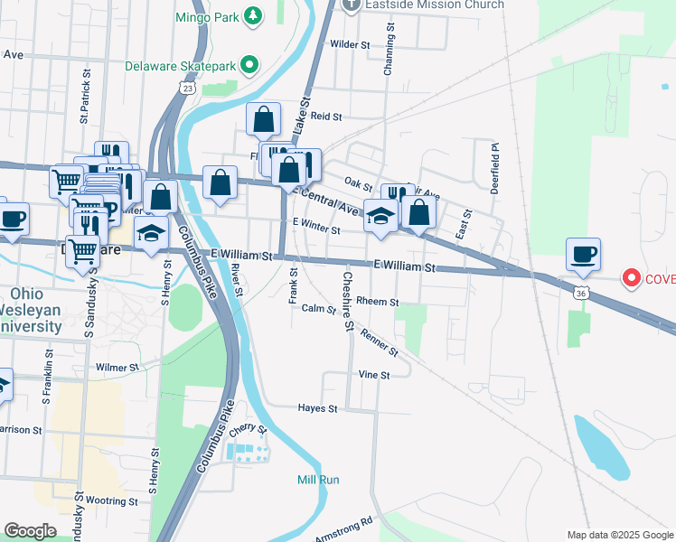 map of restaurants, bars, coffee shops, grocery stores, and more near 224 East William Street in Delaware