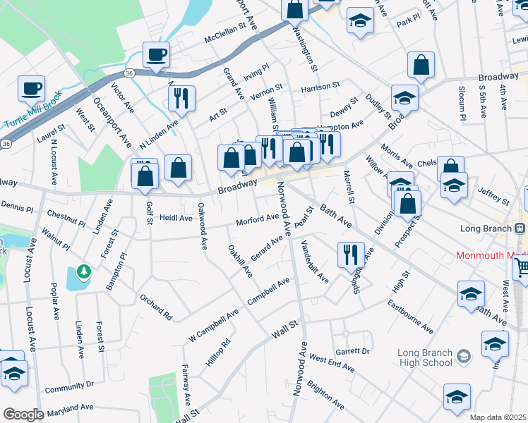 map of restaurants, bars, coffee shops, grocery stores, and more near 630 Morford Avenue in Long Branch