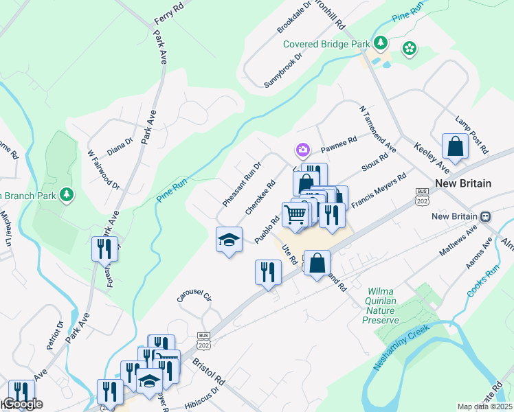 map of restaurants, bars, coffee shops, grocery stores, and more near 124 Cherokee Road in New Britain