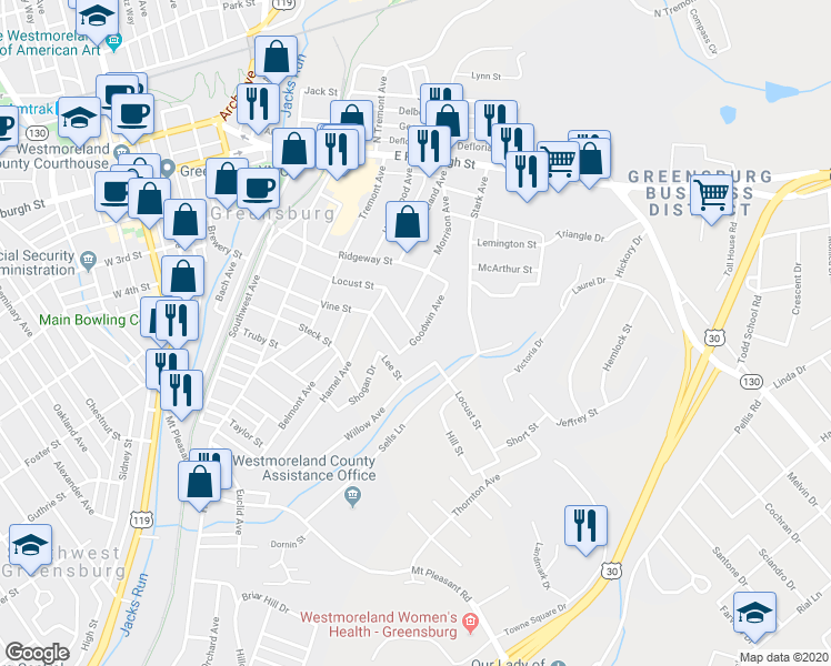 map of restaurants, bars, coffee shops, grocery stores, and more near 687 Locust Street in Greensburg