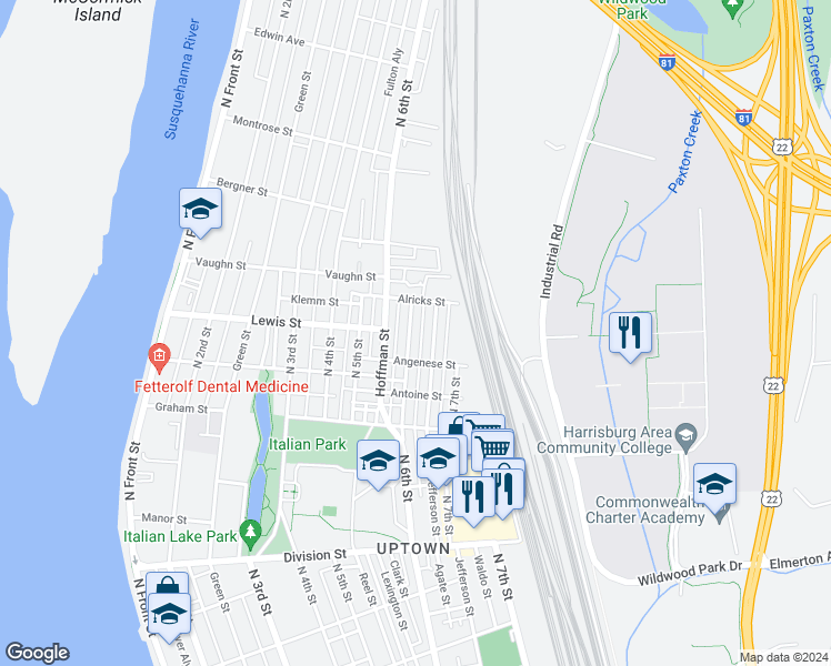 map of restaurants, bars, coffee shops, grocery stores, and more near 3161 North 6th Street in Harrisburg