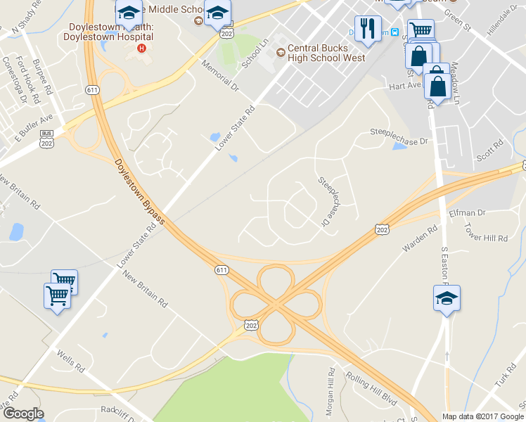 map of restaurants, bars, coffee shops, grocery stores, and more near 74 Steeplechase Drive in Doylestown
