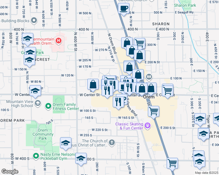 map of restaurants, bars, coffee shops, grocery stores, and more near 44 North Garden Park Drive in Orem