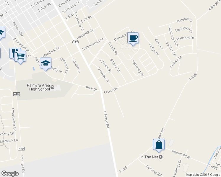 map of restaurants, bars, coffee shops, grocery stores, and more near 1343 South Queen Street in Palmyra