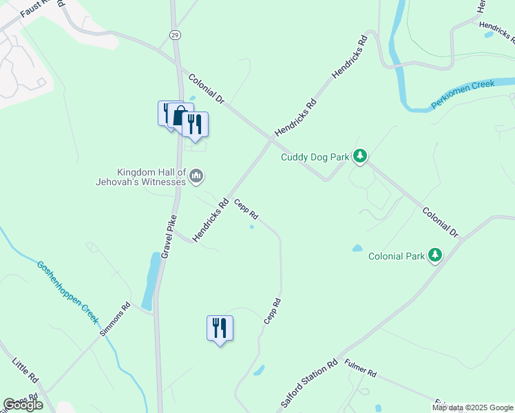 map of restaurants, bars, coffee shops, grocery stores, and more near 61 Cepp Road in Perkiomenville