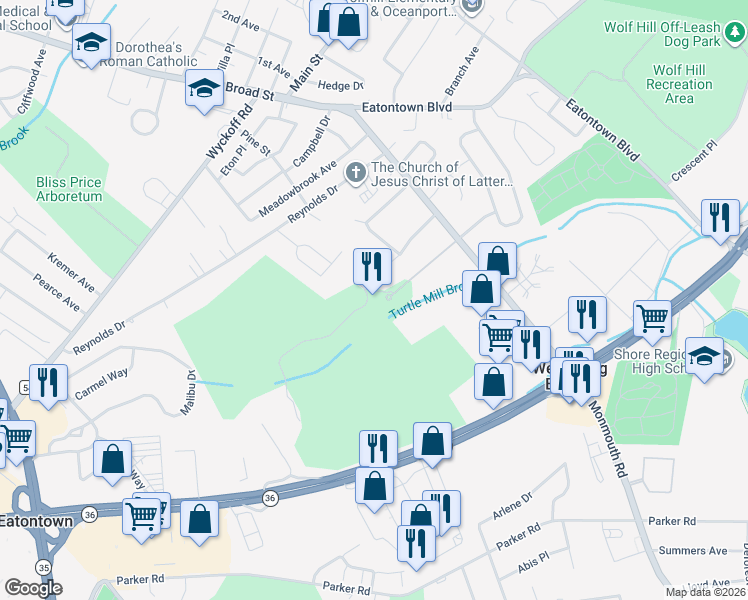 map of restaurants, bars, coffee shops, grocery stores, and more near 54 Monmouth Road in Eatontown