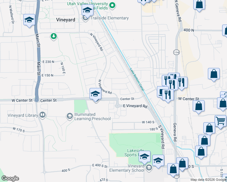 map of restaurants, bars, coffee shops, grocery stores, and more near 438 East Rue Hugo in Vineyard