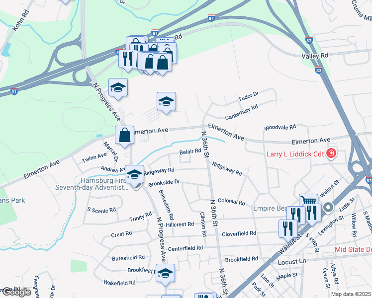 map of restaurants, bars, coffee shops, grocery stores, and more near 3508 Belair Road in Harrisburg