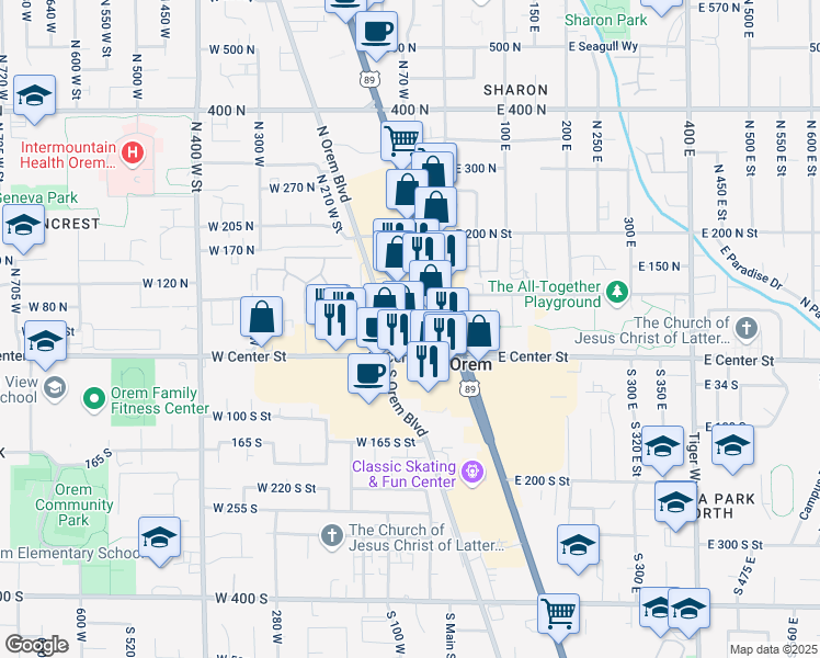 map of restaurants, bars, coffee shops, grocery stores, and more near 66 Center Street in Orem