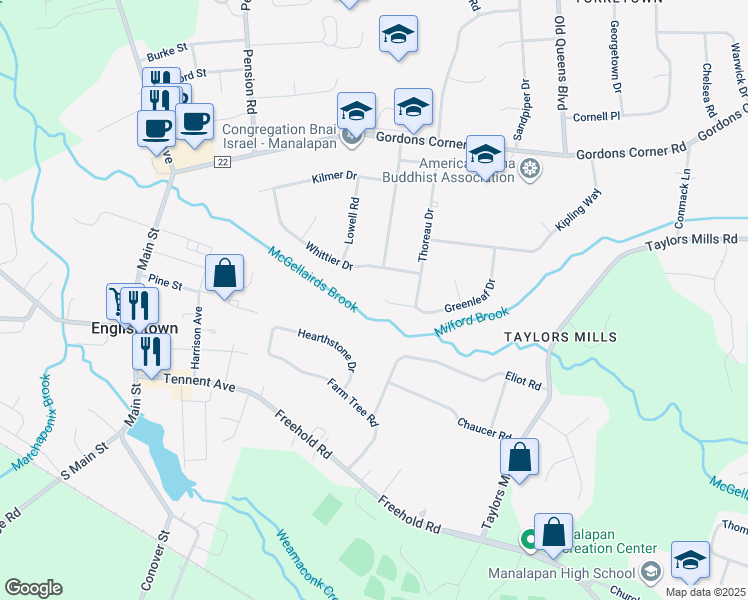 map of restaurants, bars, coffee shops, grocery stores, and more near 35 Greenleaf Drive in Manalapan Township