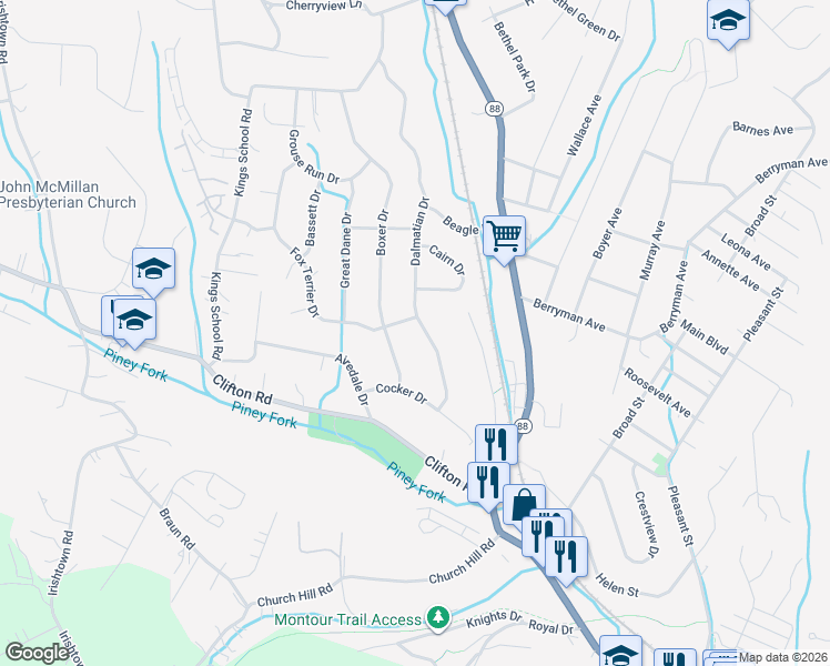 map of restaurants, bars, coffee shops, grocery stores, and more near 6177 Boxer Drive in Bethel Park