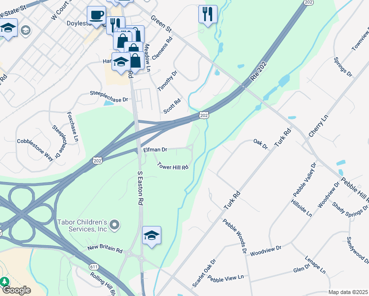 map of restaurants, bars, coffee shops, grocery stores, and more near 99 Elfman Dr in Doylestown