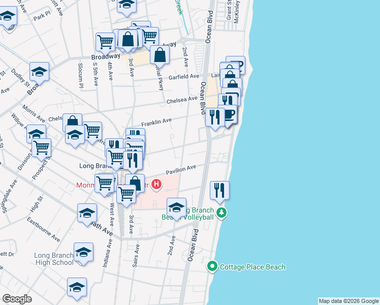 map of restaurants, bars, coffee shops, grocery stores, and more near 66 Court Street in Long Branch