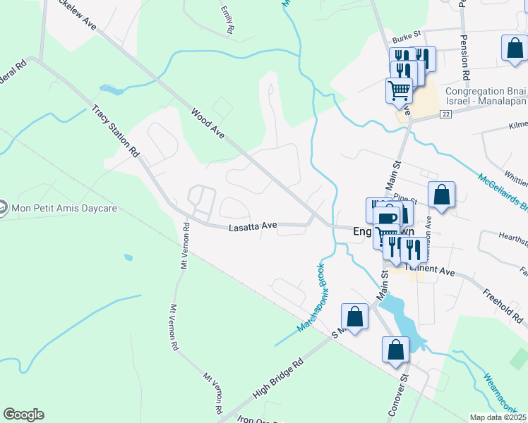 map of restaurants, bars, coffee shops, grocery stores, and more near 22 Lasatta Avenue in Englishtown