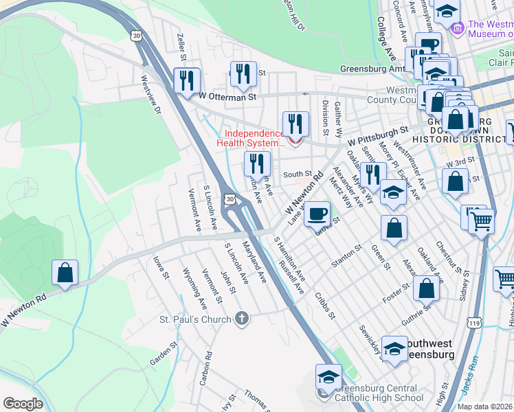 map of restaurants, bars, coffee shops, grocery stores, and more near 148 South Hamilton Avenue in Greensburg