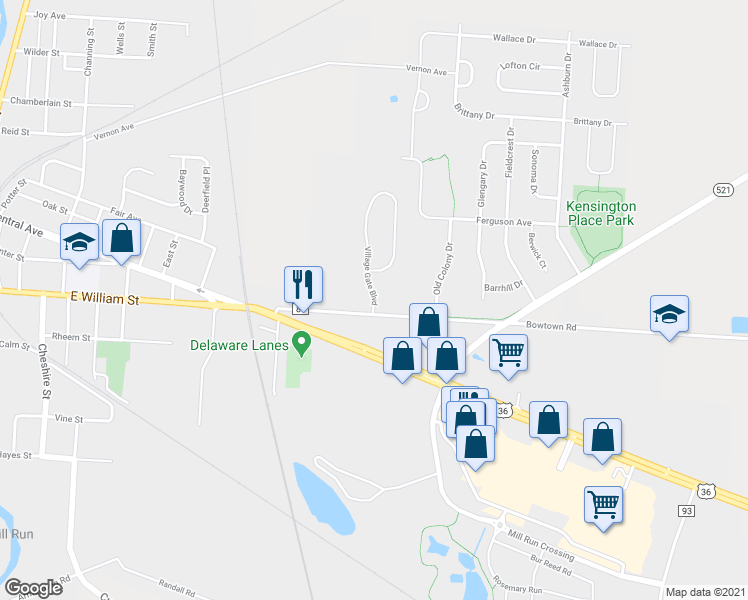 map of restaurants, bars, coffee shops, grocery stores, and more near 599 U.S. 36 in Delaware