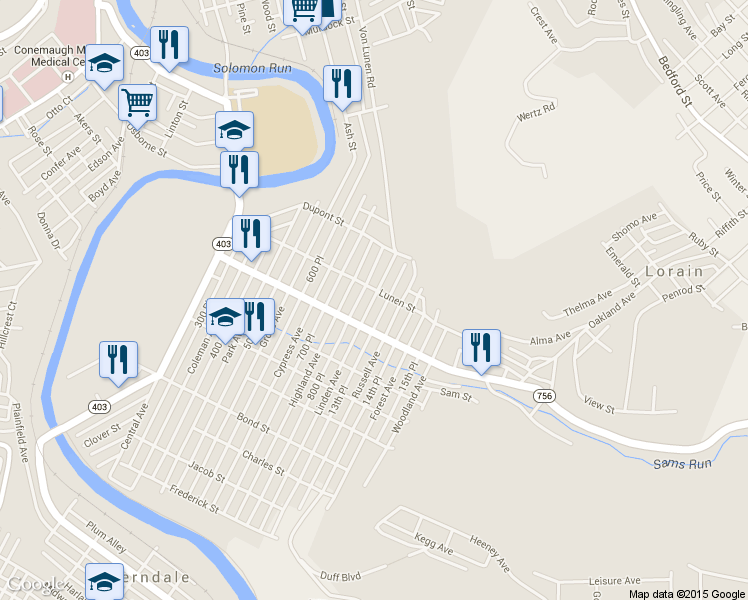 map of restaurants, bars, coffee shops, grocery stores, and more near 498 Linden Avenue in Johnstown