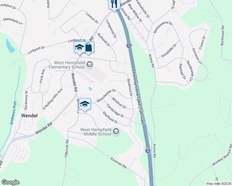 map of restaurants, bars, coffee shops, grocery stores, and more near 141 Manchester Drive in Irwin