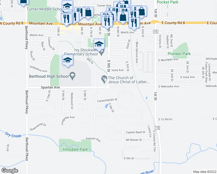 map of restaurants, bars, coffee shops, grocery stores, and more near 510 South 5th Street in Berthoud