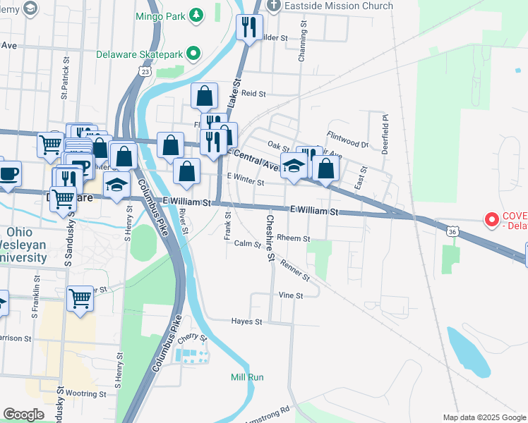 map of restaurants, bars, coffee shops, grocery stores, and more near 224 East William Street in Delaware